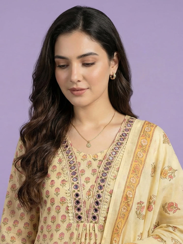 Embroidered Cotton Blend Kurta With Pant &amp; Dupatta