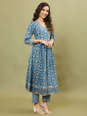 Floral Printed Cotton Blend Blue Suit With Pant & Dupatta