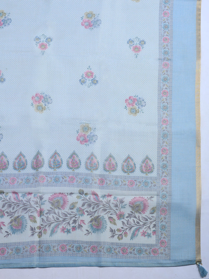 Printed Linen Blend Unstitched Suit With Pant &amp; Dupatta