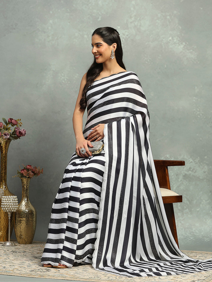 Stripes Printed &amp; Embellished Satin Saree