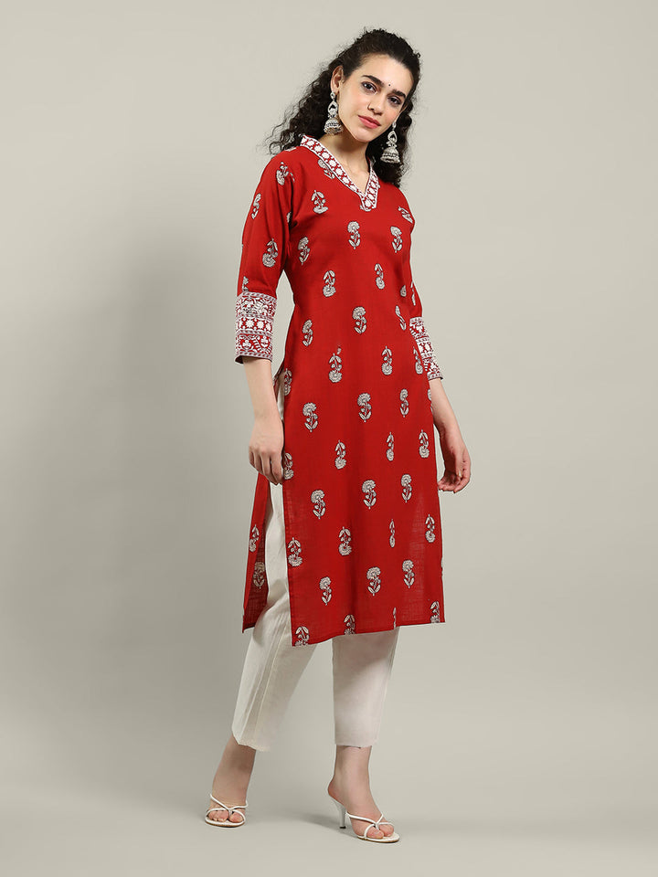 Printed Neck Embroidered Cotton Blend Kurta