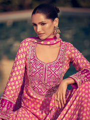 Sequins Embroidery Chinnon Kurta With Sharara And Dupatta