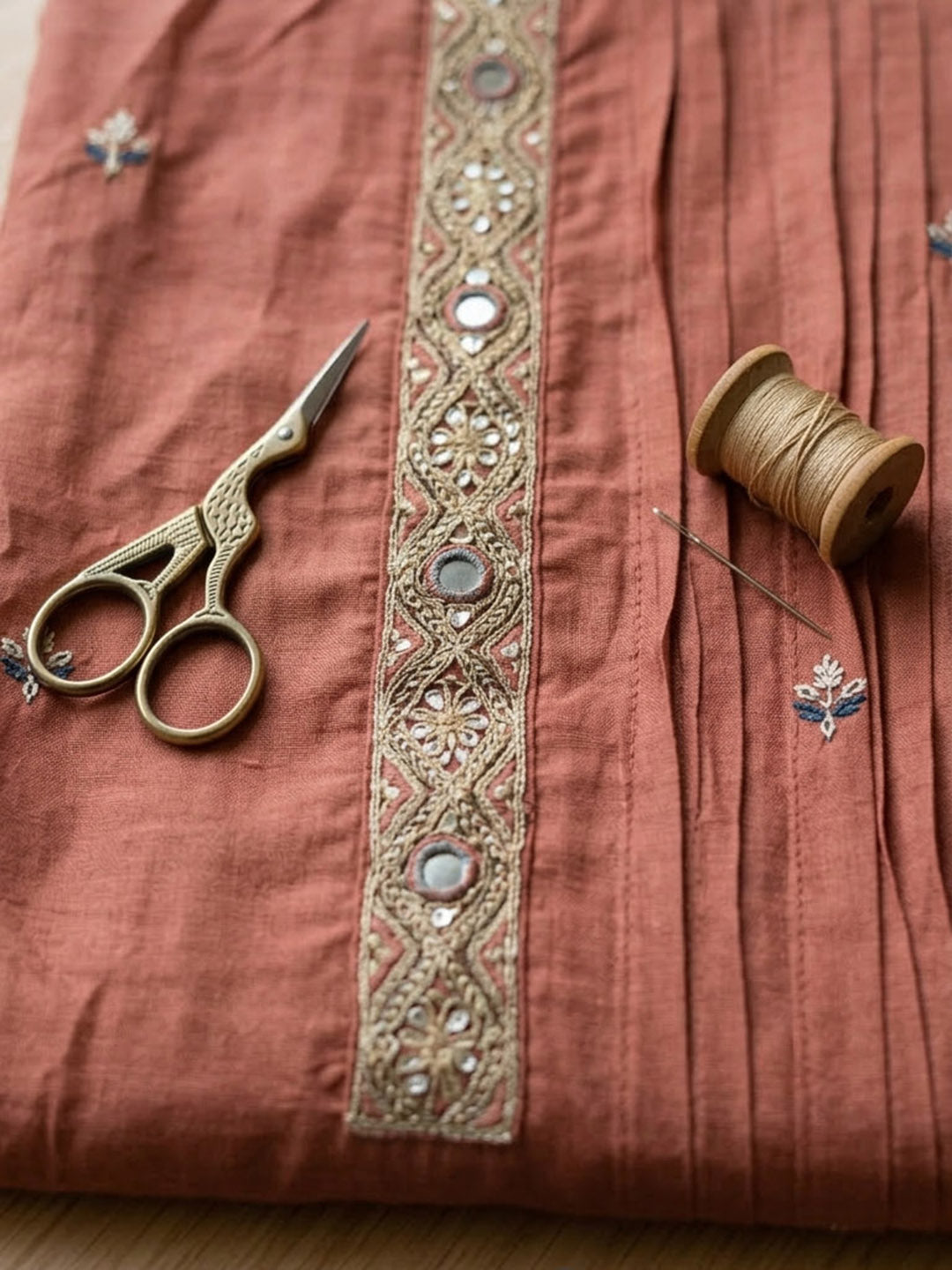 Embroidered Chanderi Unstitched Suit With Pant &amp; Dupatta