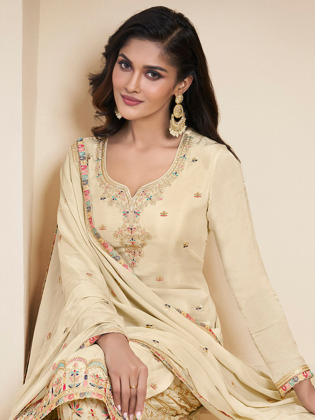 Embroidered Chinon Semi Stitched Suit With Pant &amp; Dupatta