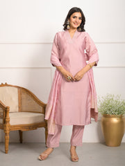 Neck Embroidered Chanderi Kurta With Pants & Dupatta