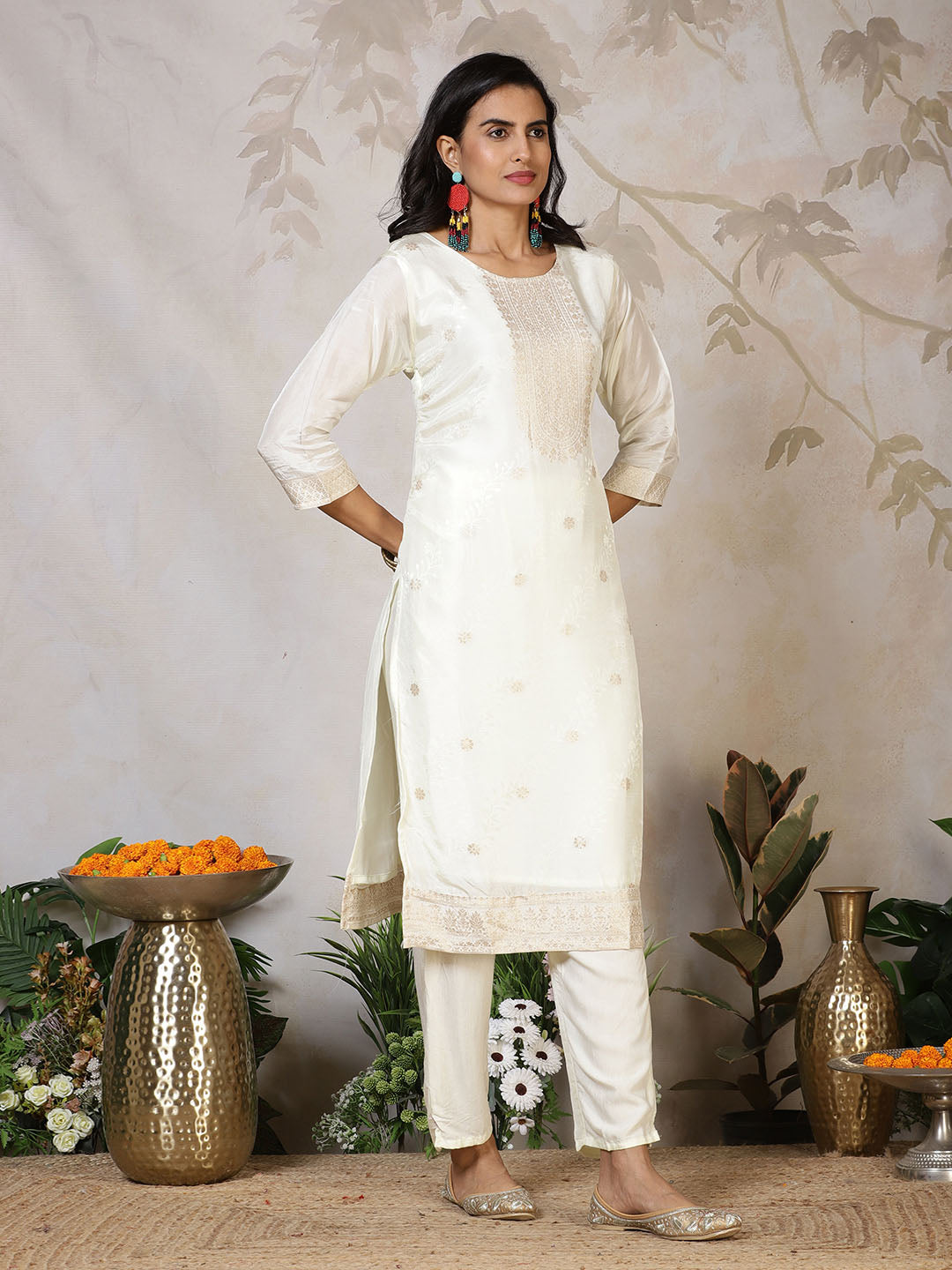 Banarasi Weave Tissue Kurta With Pants &amp; Dupatta