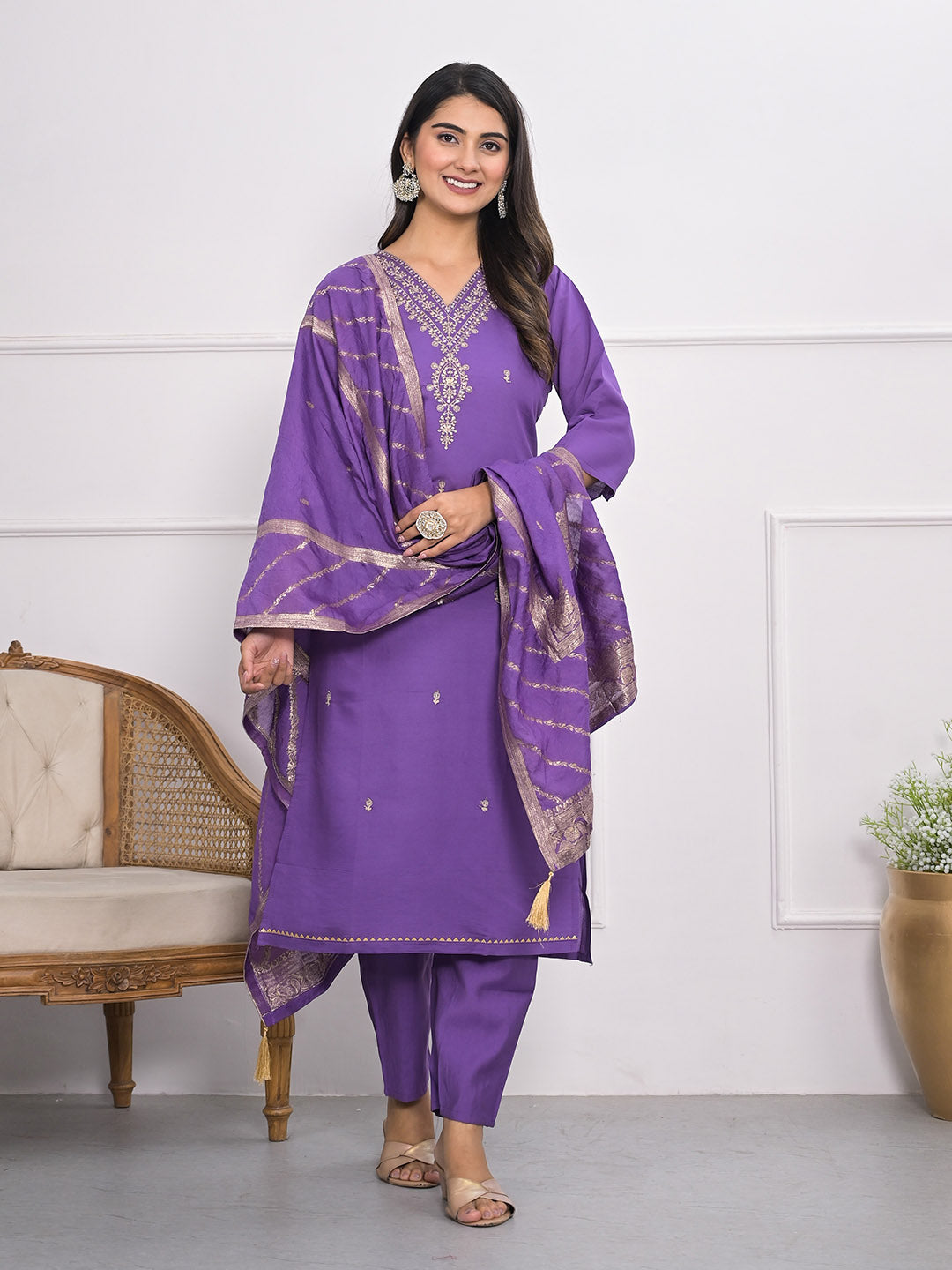 Neck Embroidery Muslin Kurta With Pants &amp; Dupatta