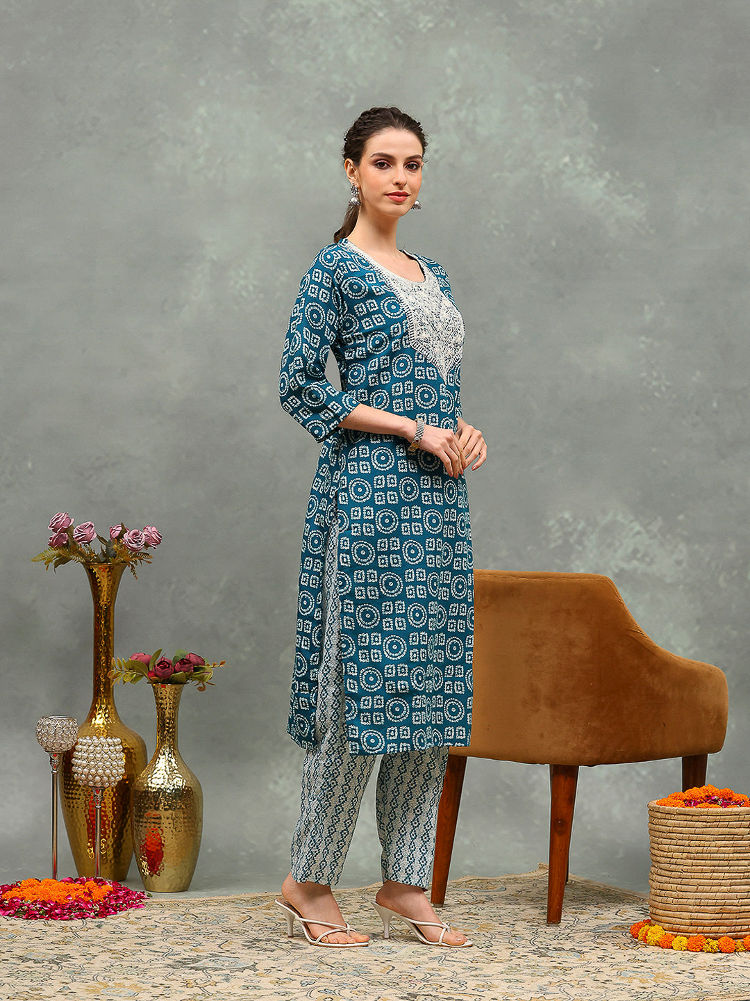 Printed Cotton Blend Kurta With Pants & Dupatta