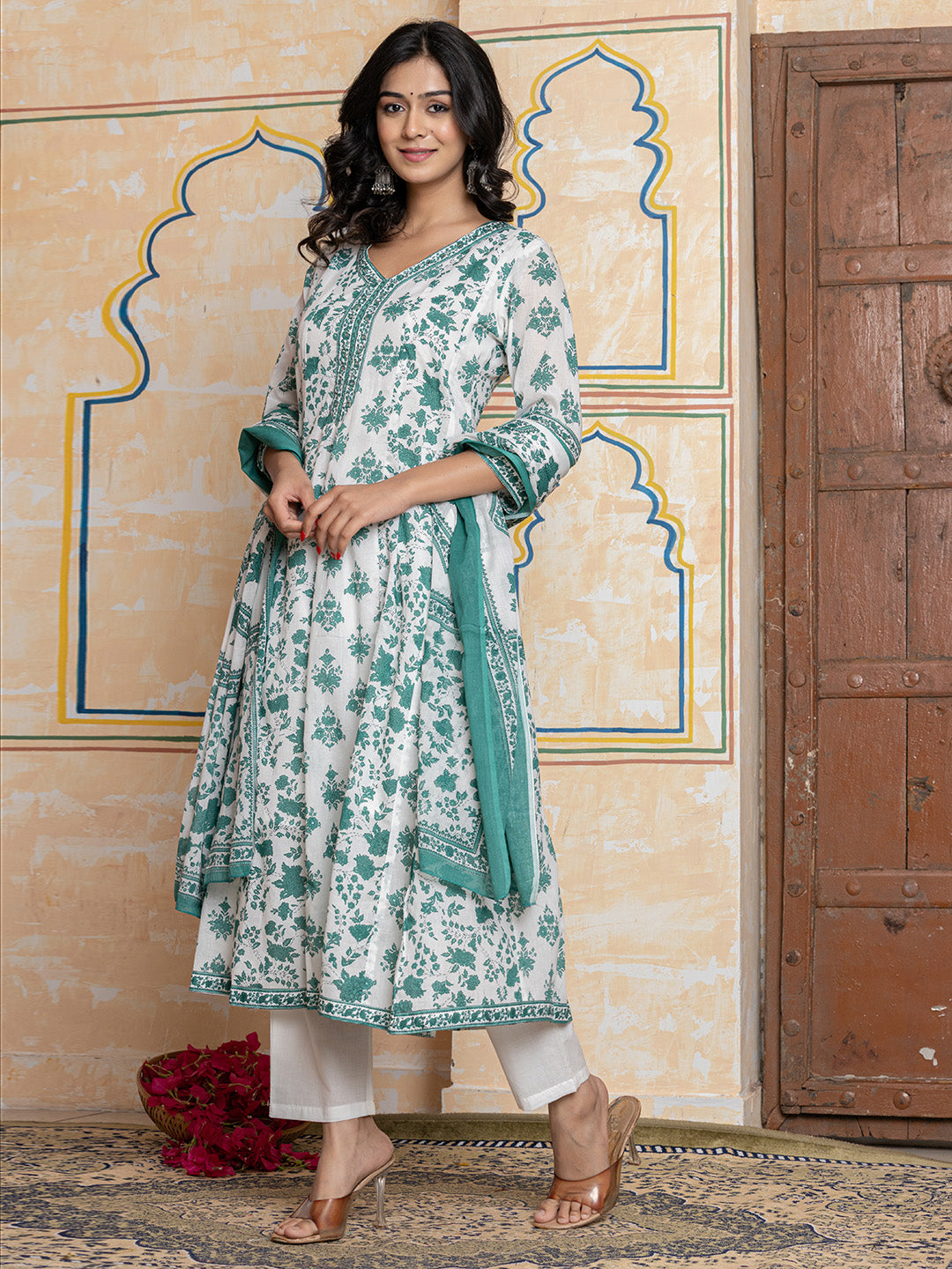 Printed Cotton Blend Kurta With Pants & Dupatta
