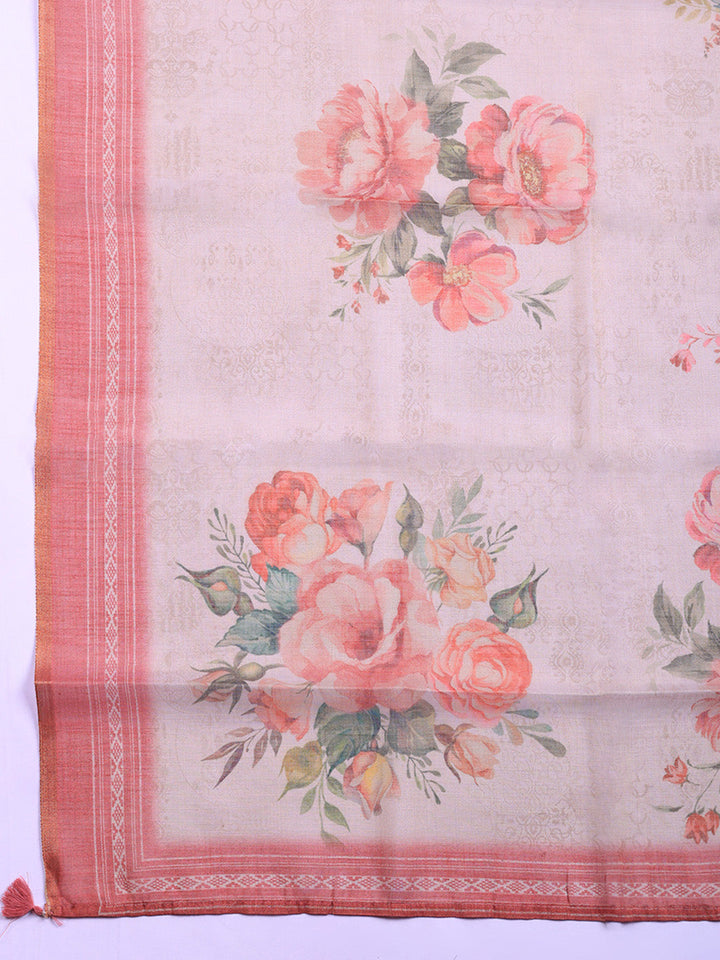 Printed Linen Blend Unstitched Suit With Pant &amp; Dupatta