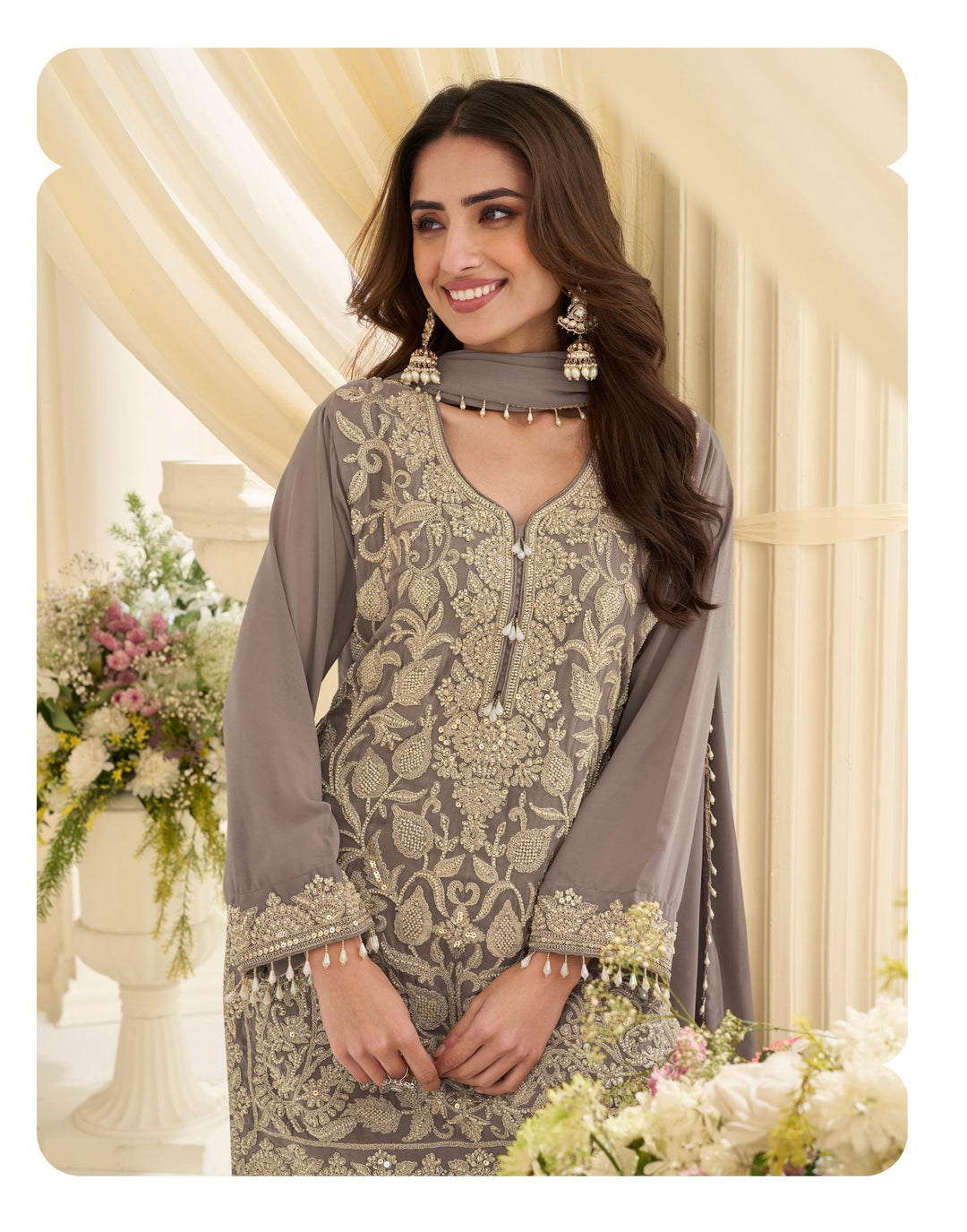 Grey Georgette Embroidered Kurta With Sharara &amp; Dupatta