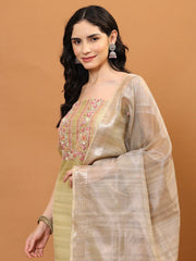 Neck Embroidered Chanderi Unstitched Suit Piece With Dupatta