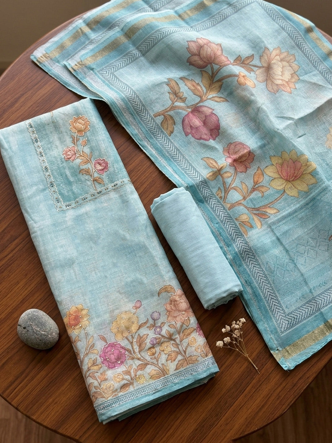 Embroidered Linen Blend Unstitched Suit With Pant &amp; Dupatta