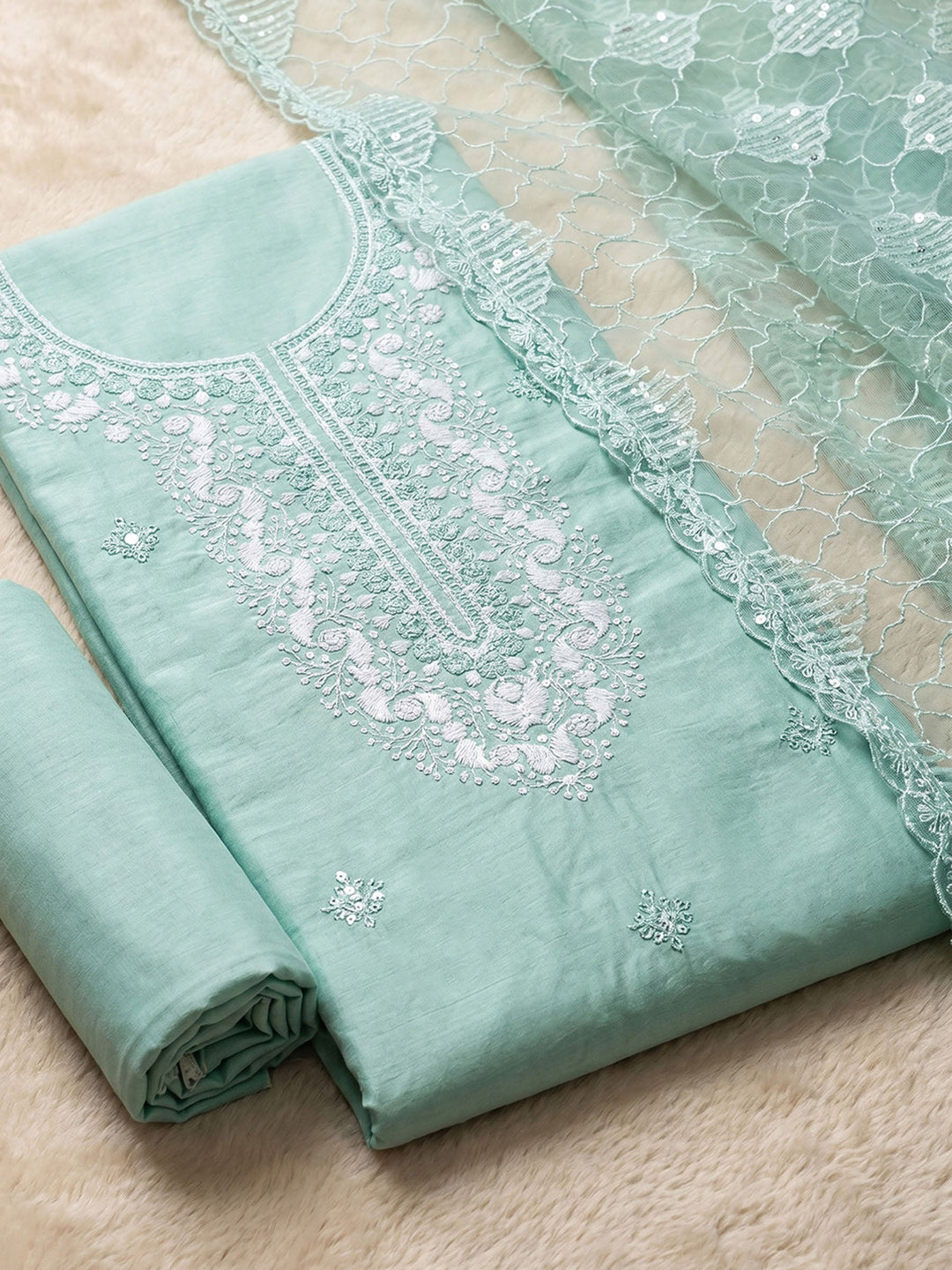 Neck Embroidered Chanderi Unstitched Suit With Dupatta
