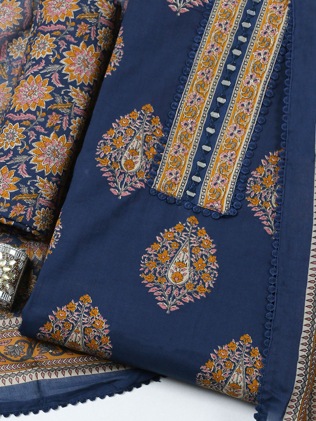 Embroidered Cotton Unstitched Suit With Pant &amp; Dupatta