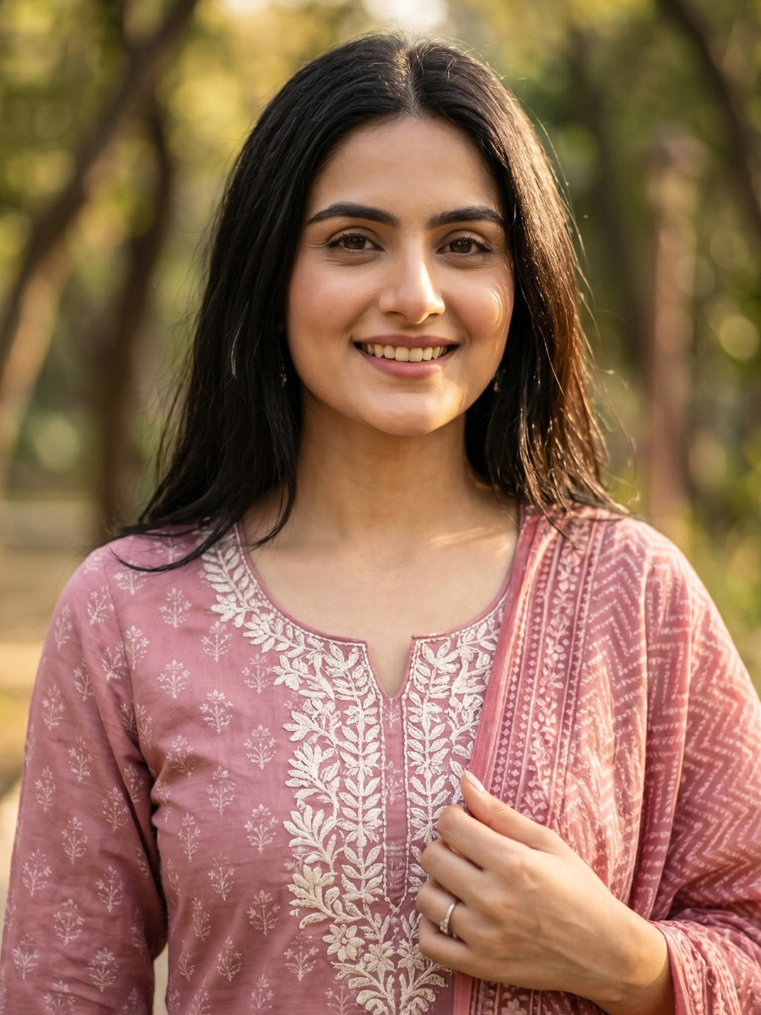 Embroidered Cotton Blend Kurta With Pant &amp; Dupatta
