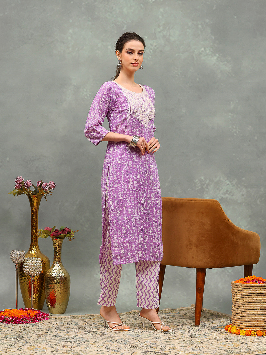 Printed Cotton Blend Kurta With Pants &amp; Dupatta