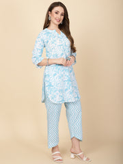 Floral Printed Cotton Kurti With Pants