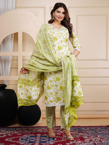 Floral Printed Cotton Kurta With Pants & Dupatta