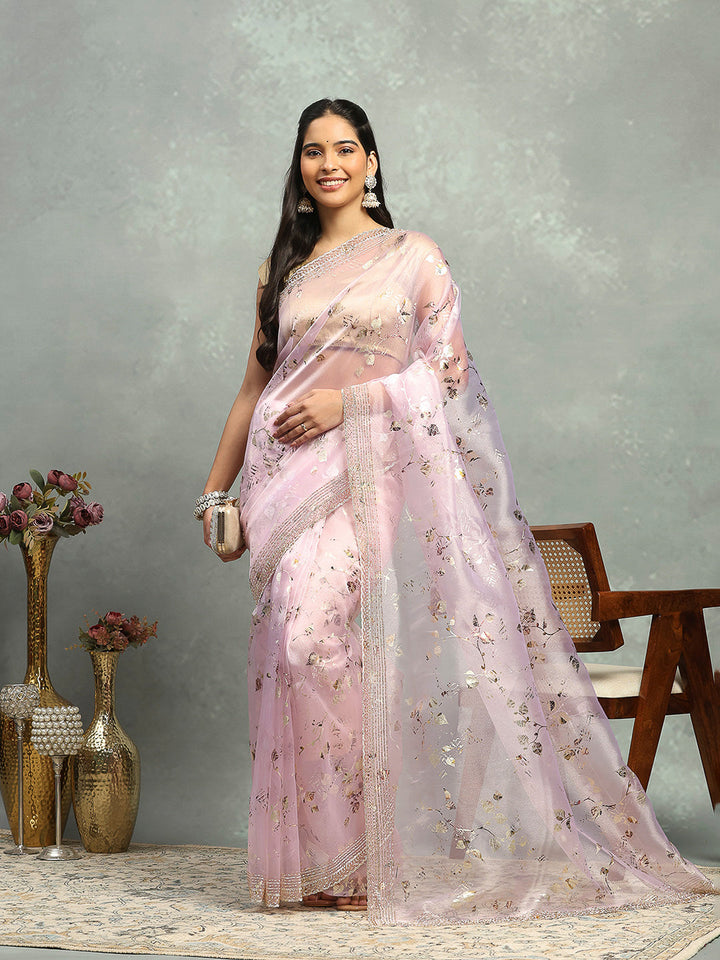 Foil Floral Printed Organza Saree