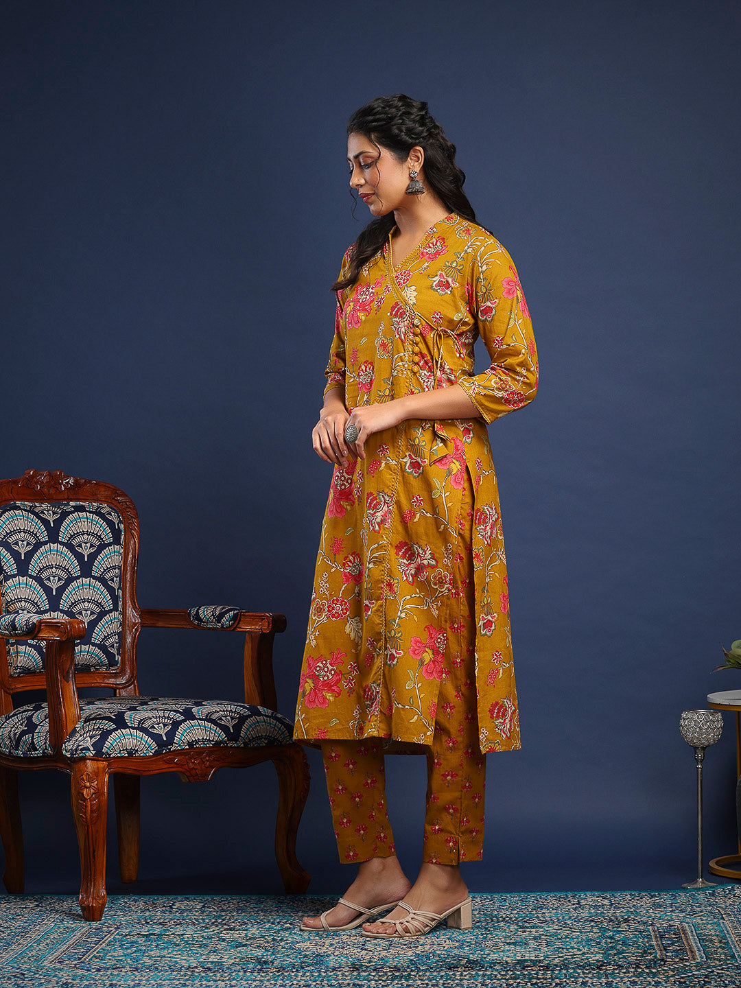 Mustard Cotton Blend Printed A Line Suit Set