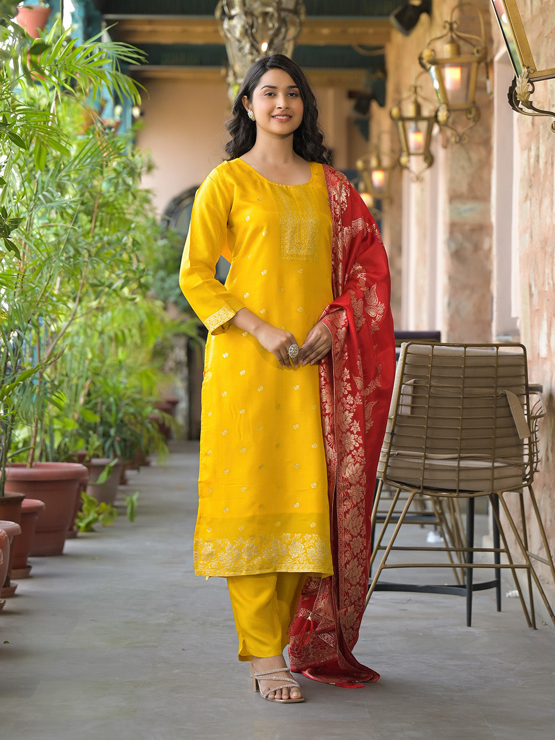 Embroidered Cotton Kurta With Pant &amp; Dupatta