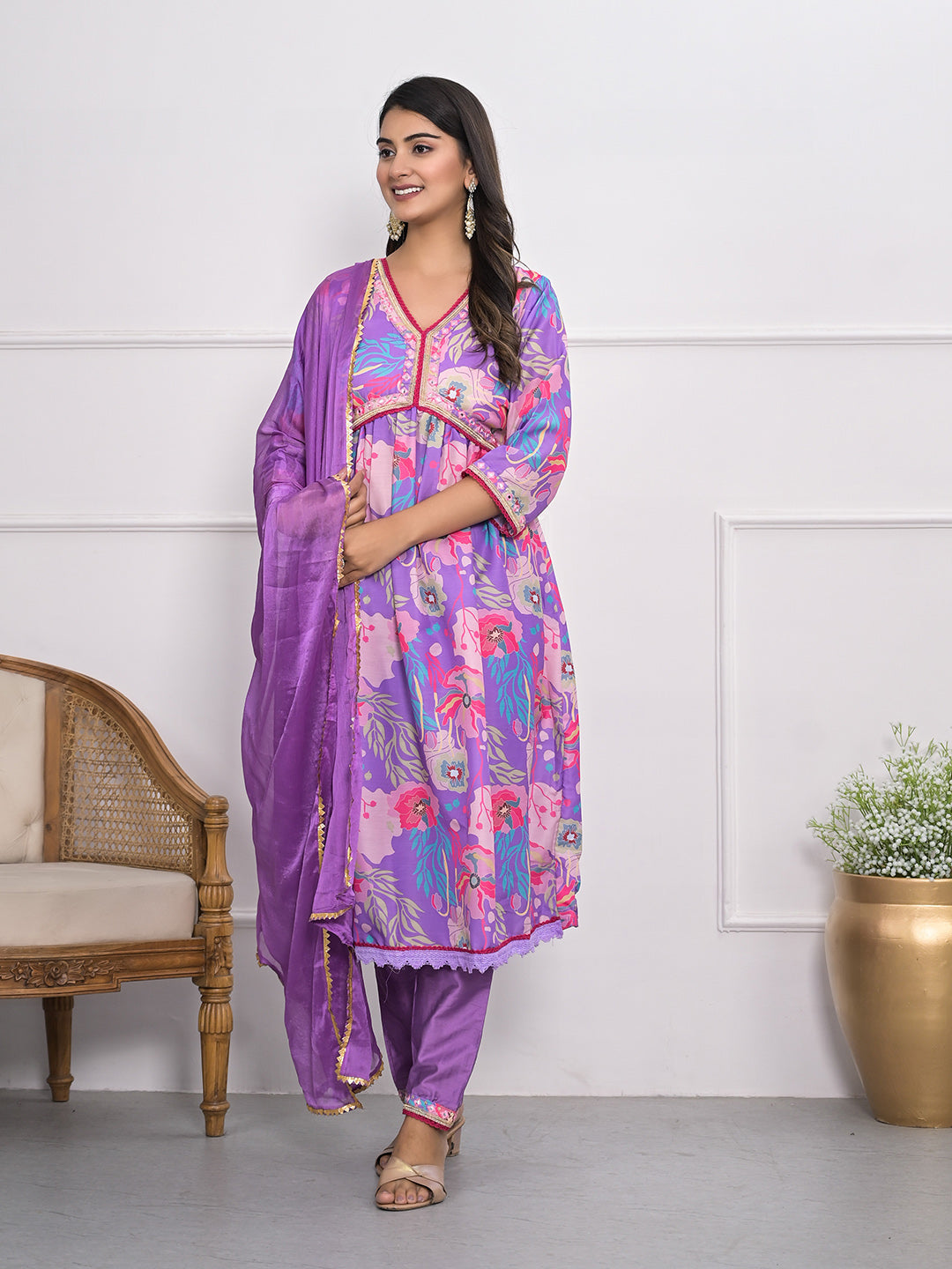 Digital Printed Cotton Blend Kurta With Pants &amp; Dupatta