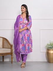 Digital Printed Cotton Blend Kurta With Pants & Dupatta