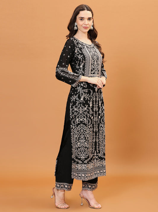 Resham Embroidery Crepe Kurta With Pants & Dupatta