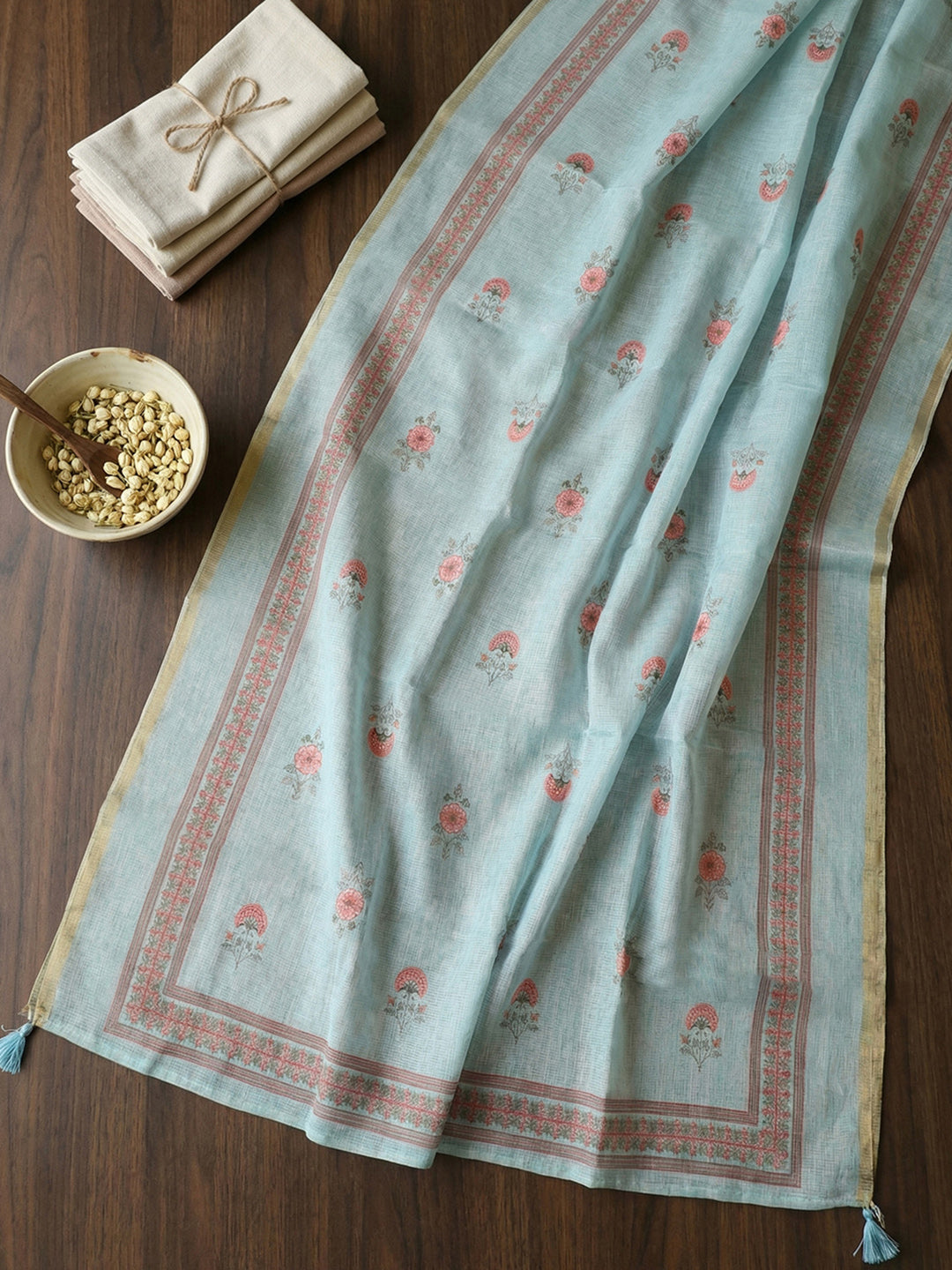 Printed Linen Blend Unstitched Suit With Pant &amp; Dupatta