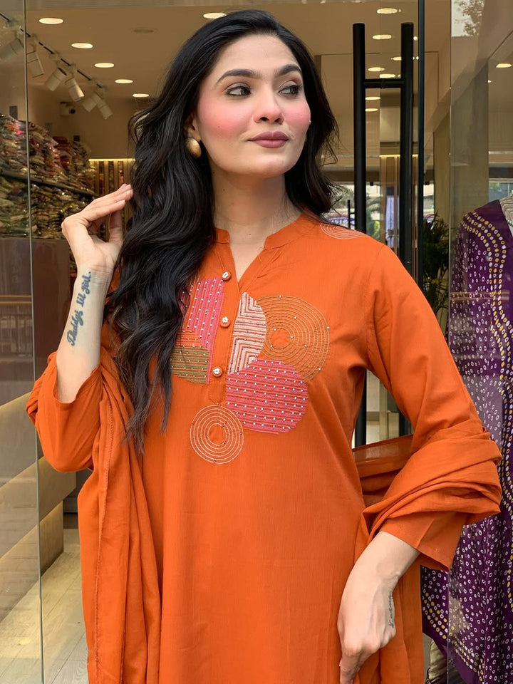 Printed Cotton Blend Kurta With Pants &amp; Dupatta