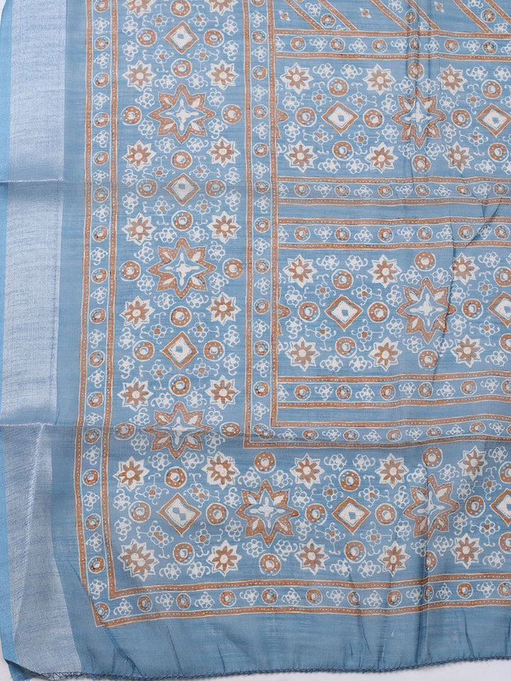 Printed Cotton Blend Unstitched Suit With Pant &amp; Dupatta