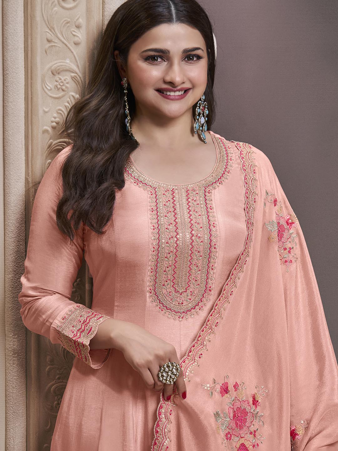 Embroidered Art Silk Unstitched Suit With Pant &amp; Dupatta