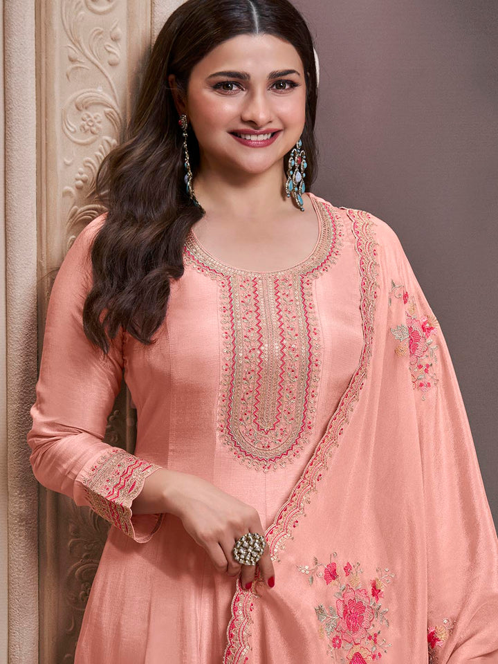 Embroidered Art Silk Unstitched Suit With Pant &amp; Dupatta