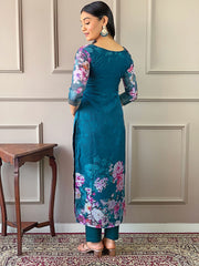 Floral Printed Organza Kurta With Pants & Dupatta