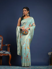 Floral Printed Tussar Unstitched Suit With Pant & Dupatta