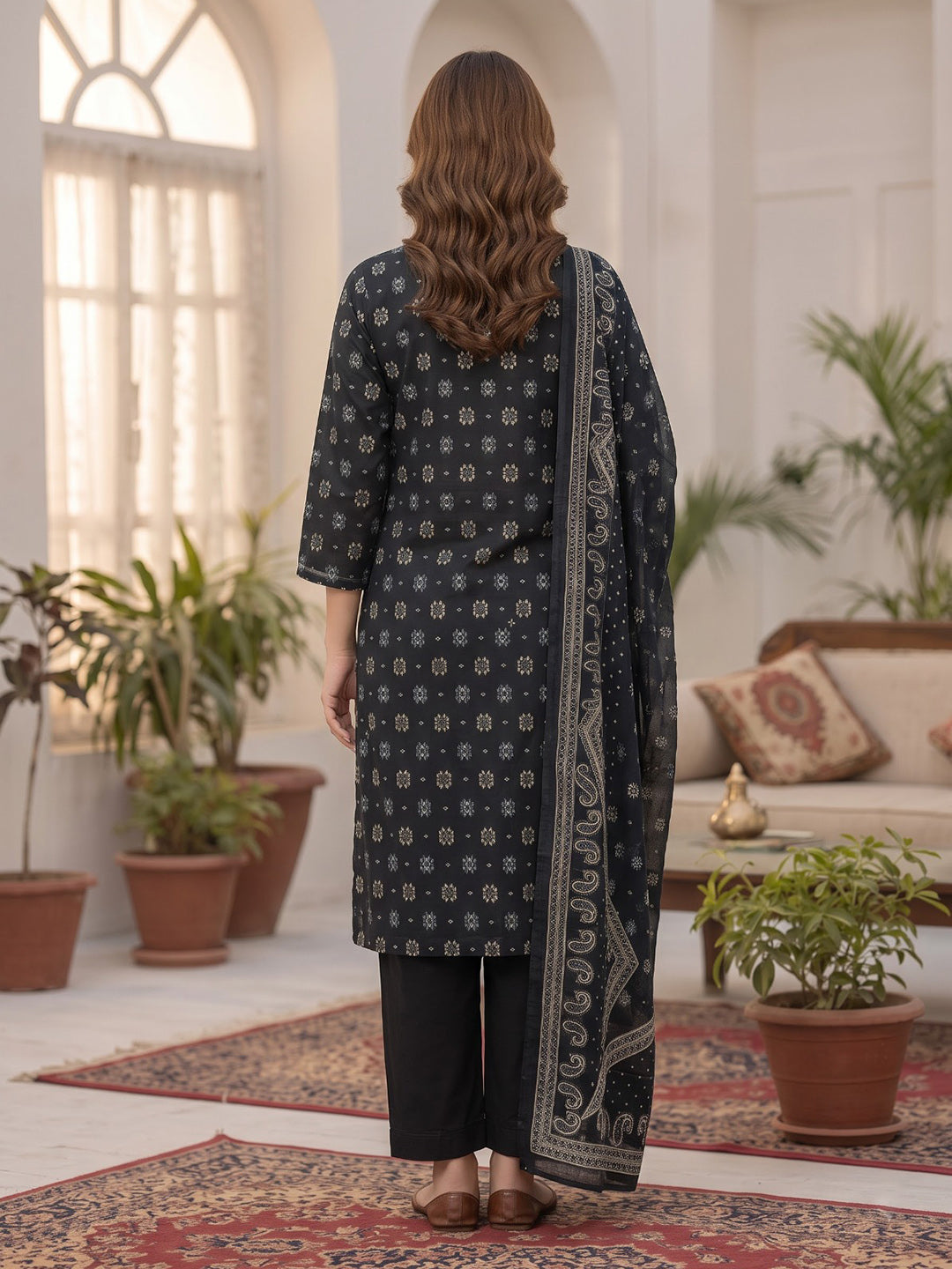 Black Printed Cotton Blend Kurta With Pant &amp; Dupatta