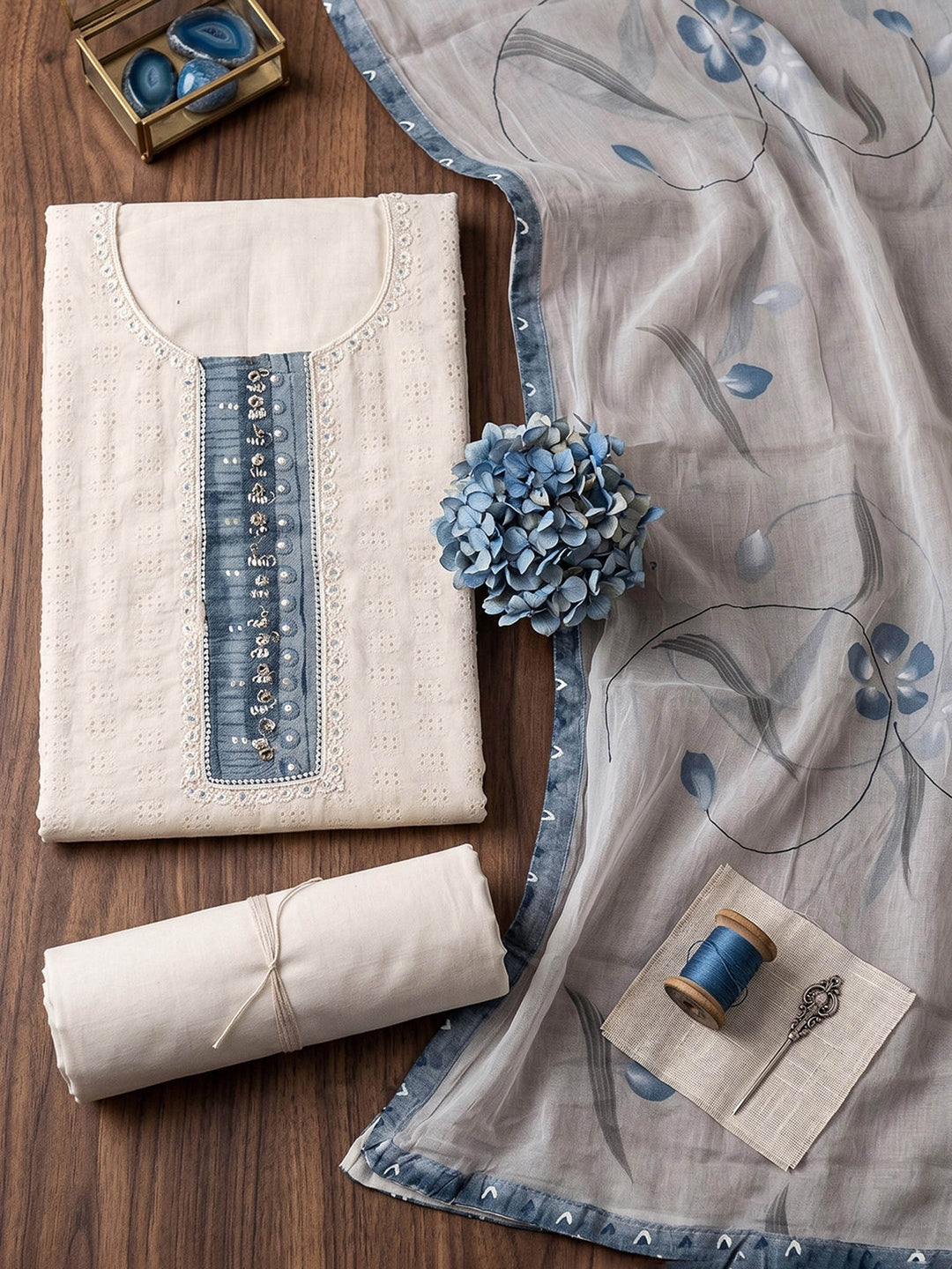 Neck Embroidered Cotton Blend Unstitched Suit With Dupatta