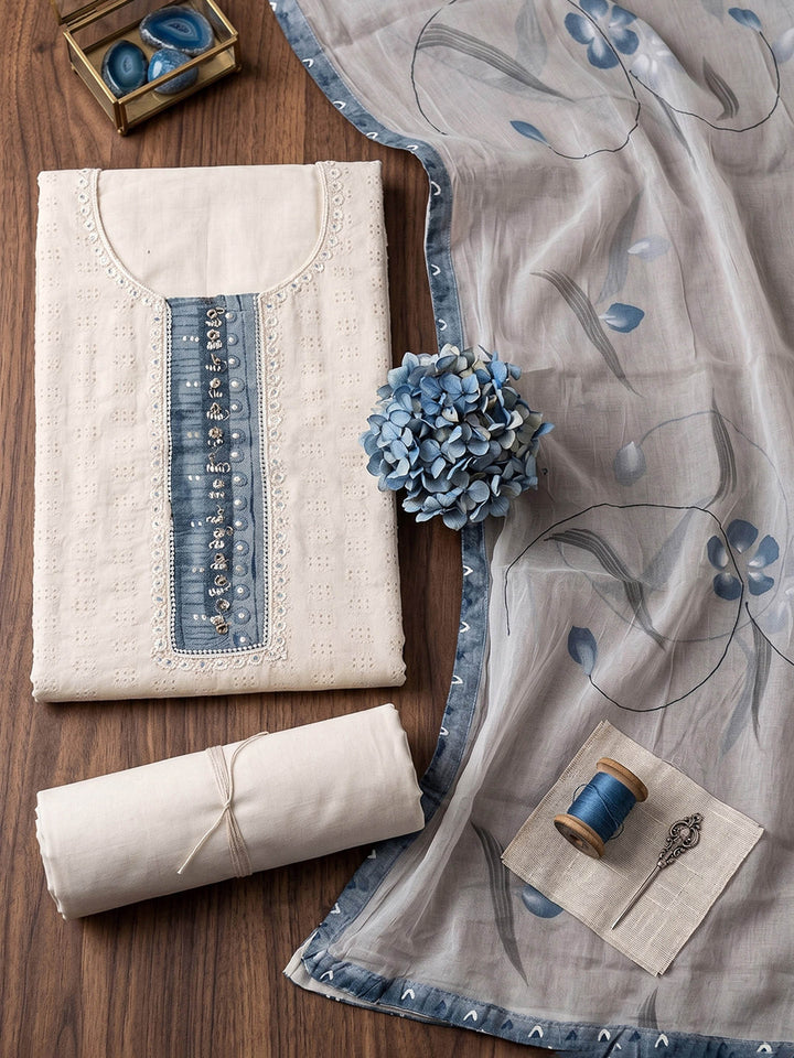 Neck Embroidered Cotton Blend Unstitched Suit With Dupatta