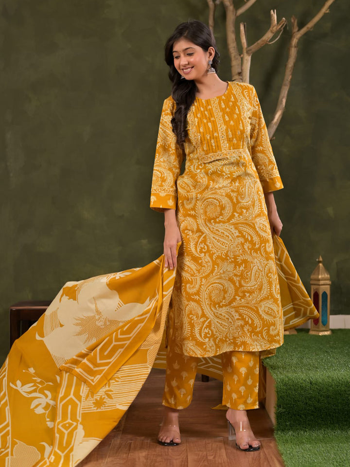 Yellow Embroidered Cotton Blend Straight Suit Set With Dupatta