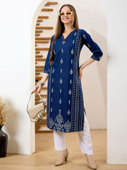 Neck Embroidered Denim Kurta