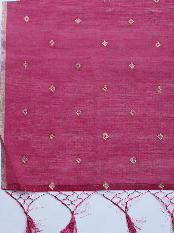 Embroidered Chanderi Unstitched Suit With Pant &amp; Dupatta