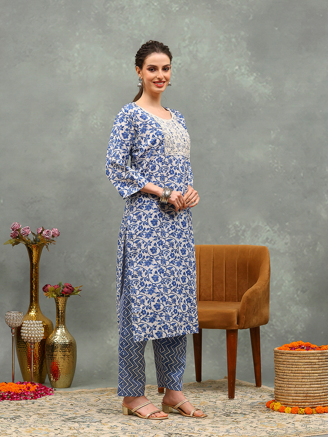 Printed Cotton Blend Kurta With Pants & Dupatta