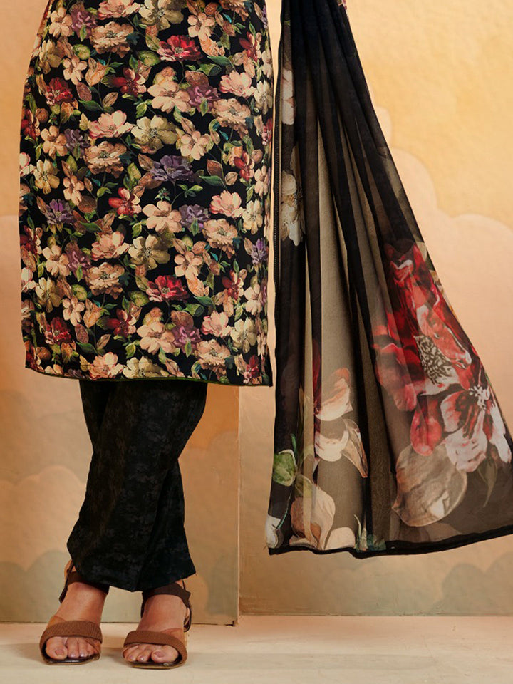 Printed Crepe Unstitched Suit With Pant &amp; Dupatta