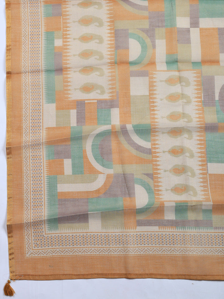 Printed Linen Blend Unstitched Suit With Pant &amp; Dupatta