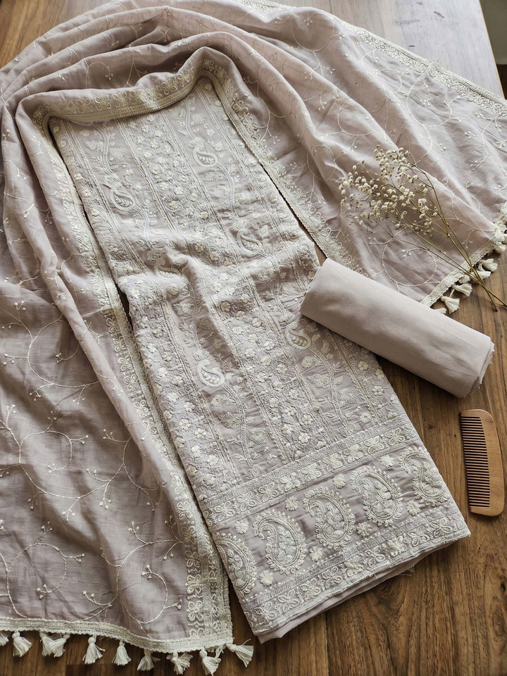 Thread Embroidered Cotton Blend Unstitched Suit With Dupatta