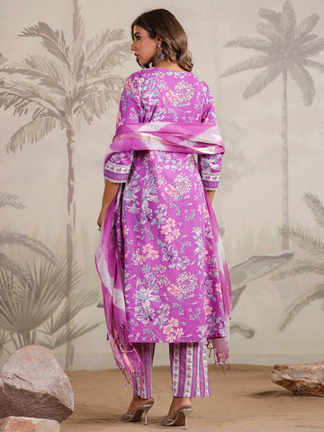 Floral Printed Cotton Blend Kurta With Pants & Dupatta