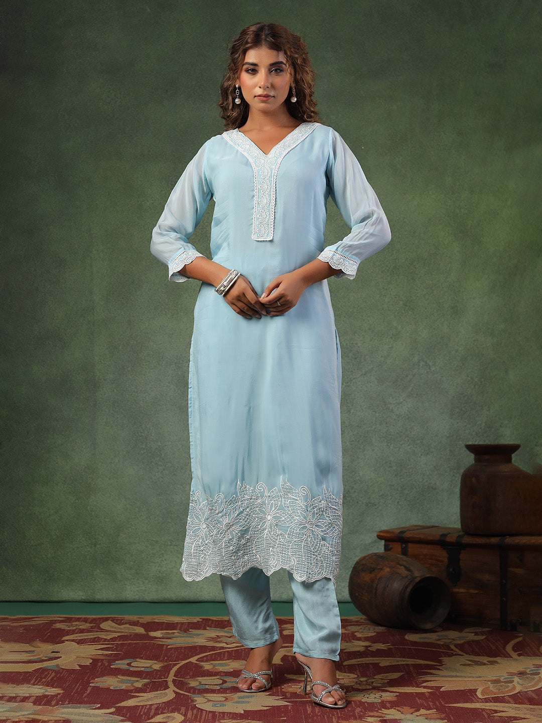 Blue Cotton Blend Embroidered Straight Suit Set
