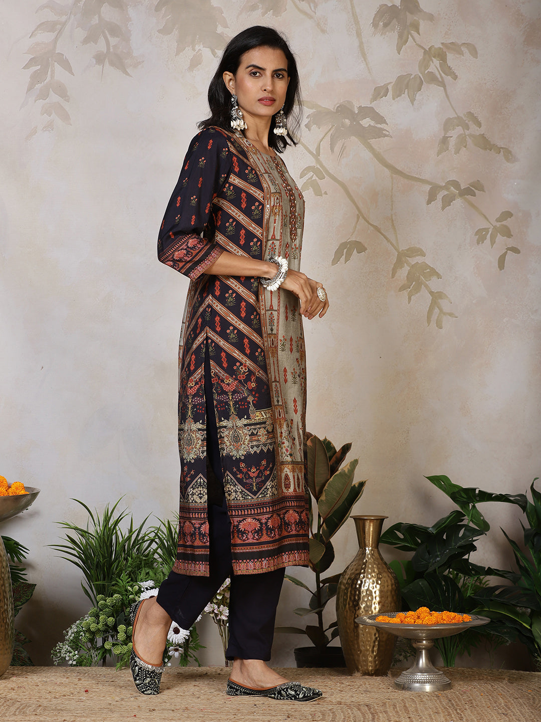 Printed Cotton Blend Kurta With Pants &amp; Dupatta