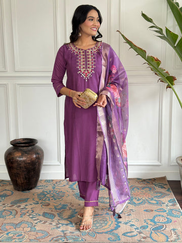 Neck Embroidered Chanderi Kurta With Pants & Dupatta